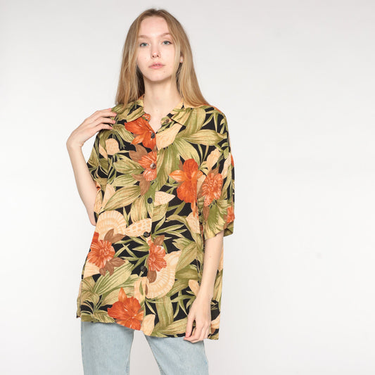 90s Tropical Floral Seashell Button-Up Shirt Orange Green Rayon Medium
