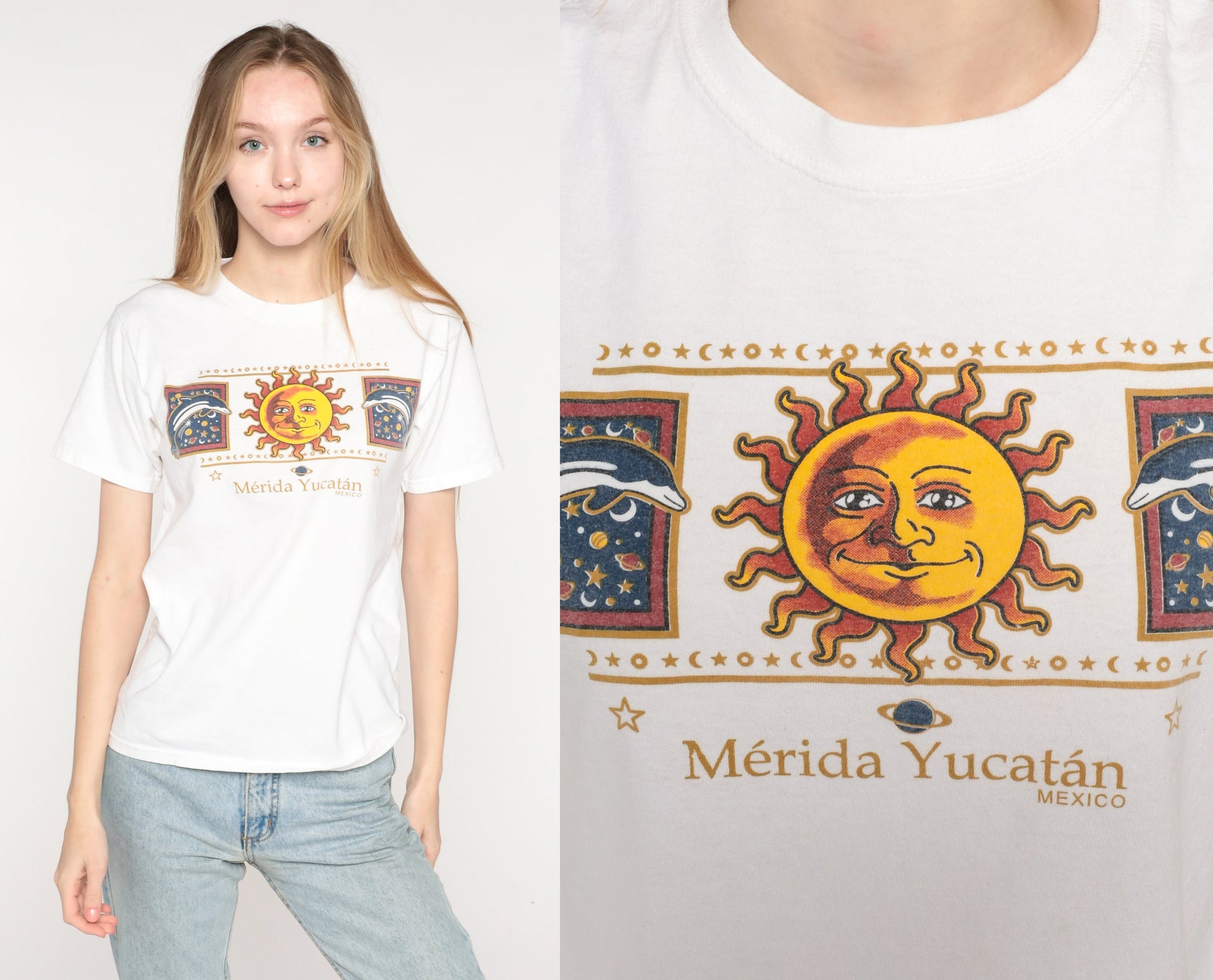 Y2K Merida Yucatan Dolphin Sun Graphic T-Shirt Cotton 00s Small