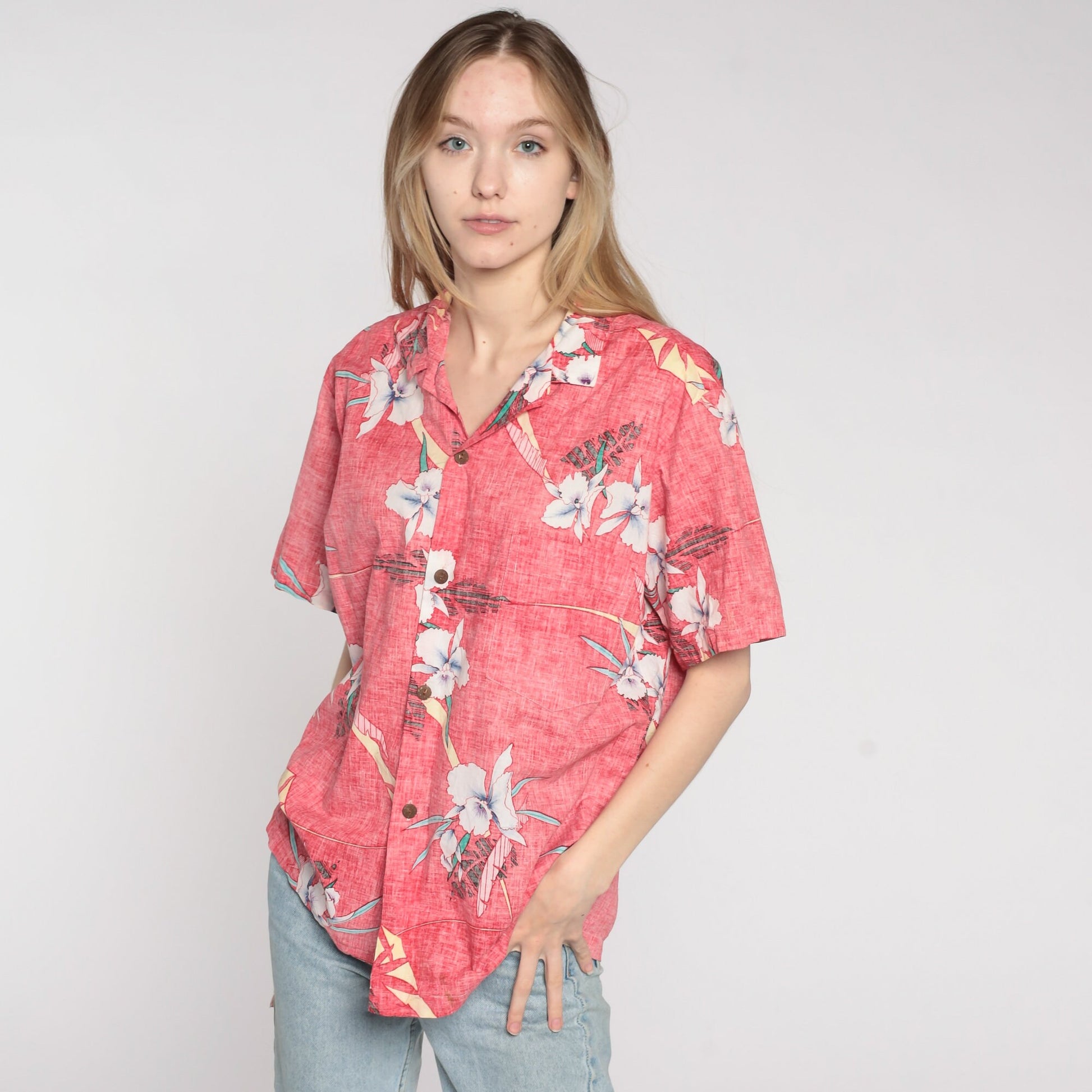 90s Tropical Floral Button-Up Shirt Faded Red Hawaiian Cotton Men's Large