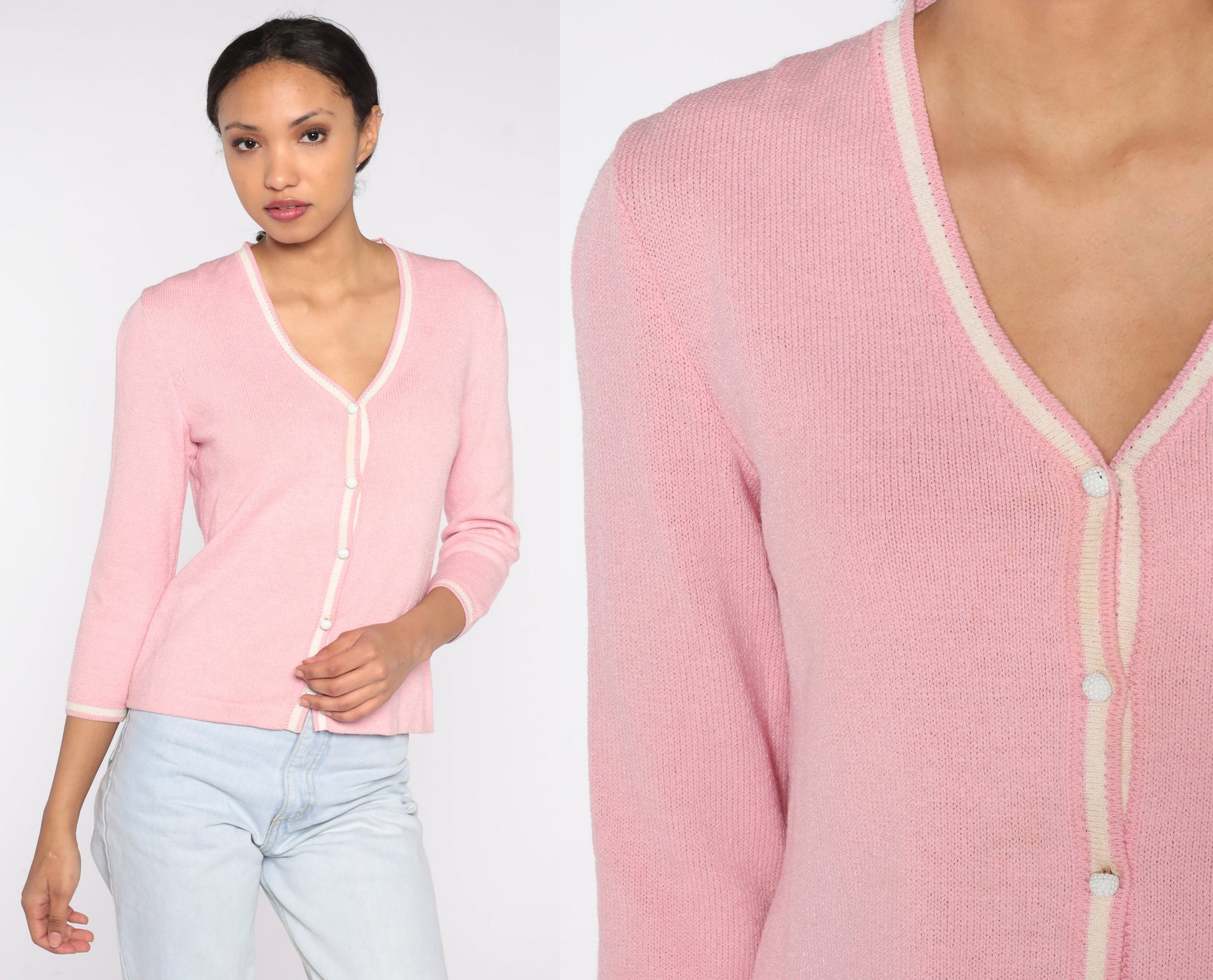 90s St John Sport Wool Cardigan Baby Pink Button Up Sweater Small