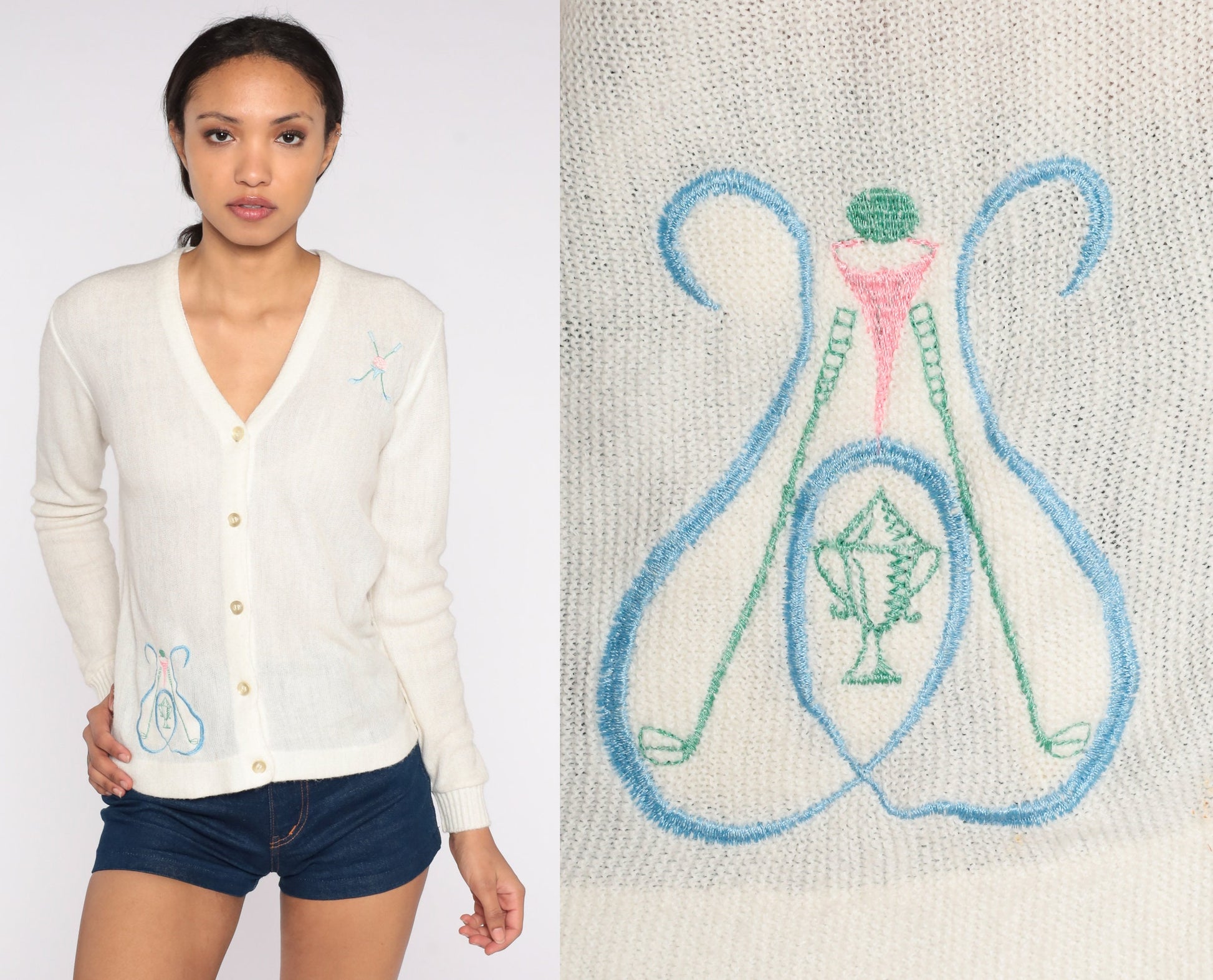 70s Golf Embroidered Cardigan Cream Knit Button-Up Sweater Extra Small
