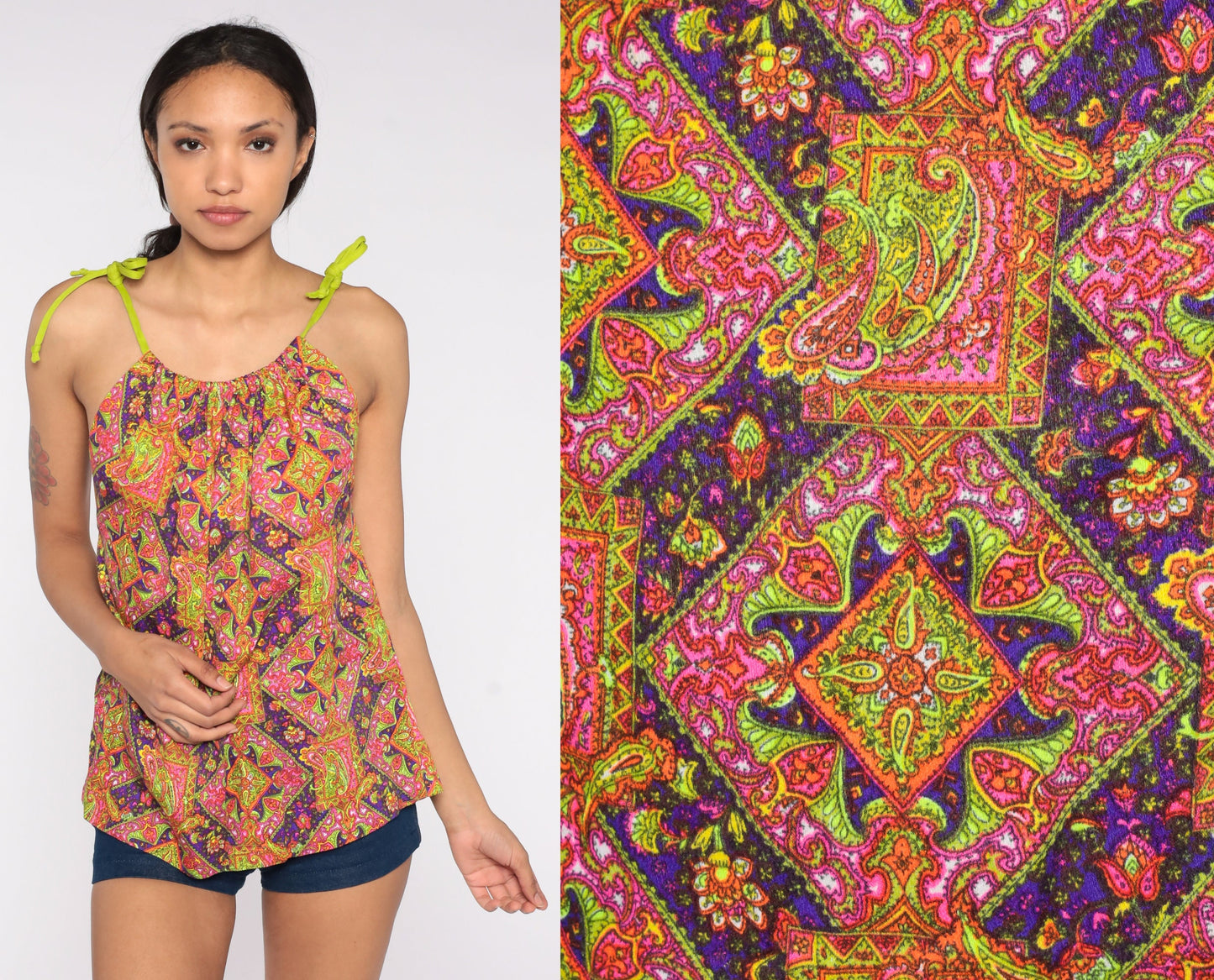 70s Psychedelic Paisley Tank Top Spaghetti Strap Geometric Print Small