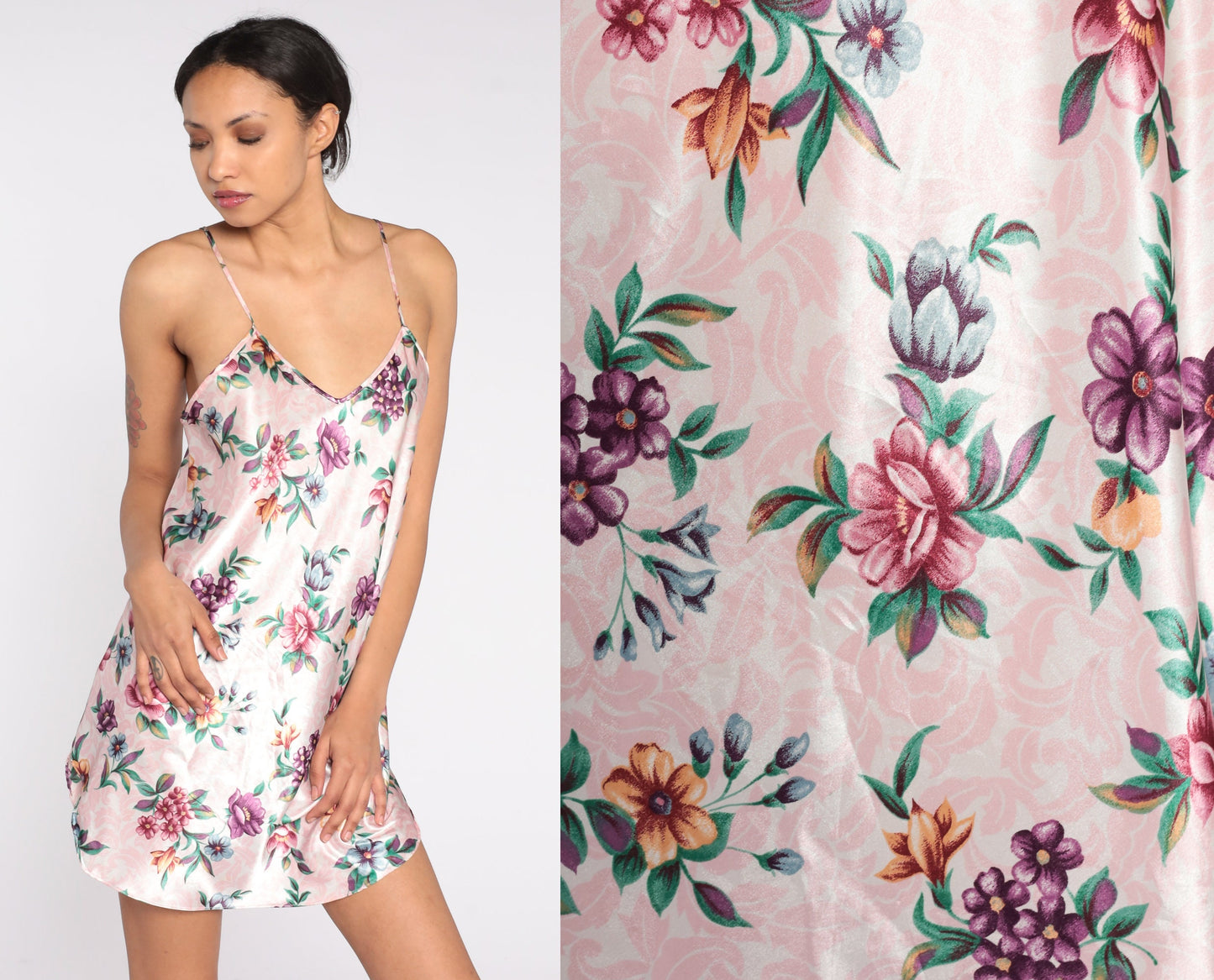 90s Pink Floral Slip Dress Spaghetti Strap Mini Nightgown Medium M