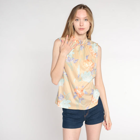 70s Floral Tank Top Beige Psychedelic Print Sleeveless Blouse Medium