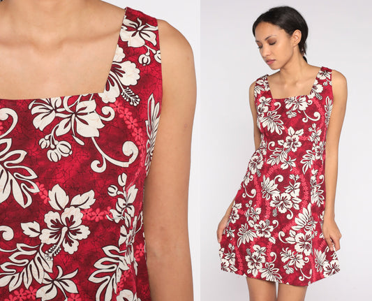 90s Hawaiian Floral Mini Dress Red Tropical Print Sleeveless Small S