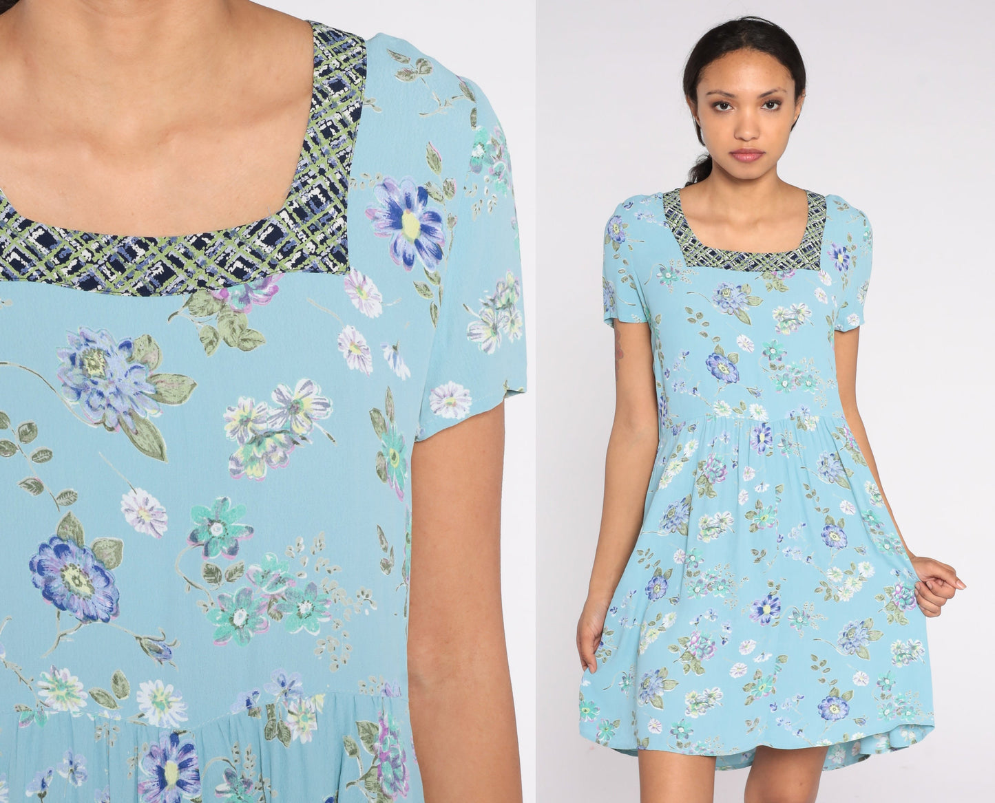 90s Baby Blue Floral Mini Dress Square Neck Short Sleeve Small
