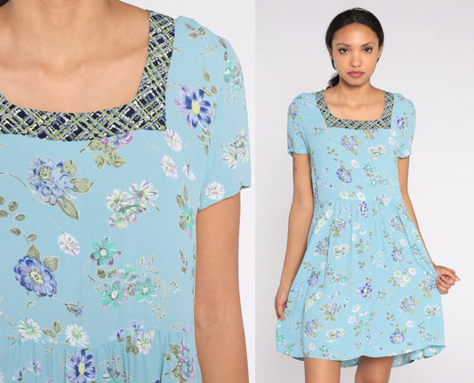 90s Baby Blue Floral Mini Dress Square Neck Short Sleeve Small