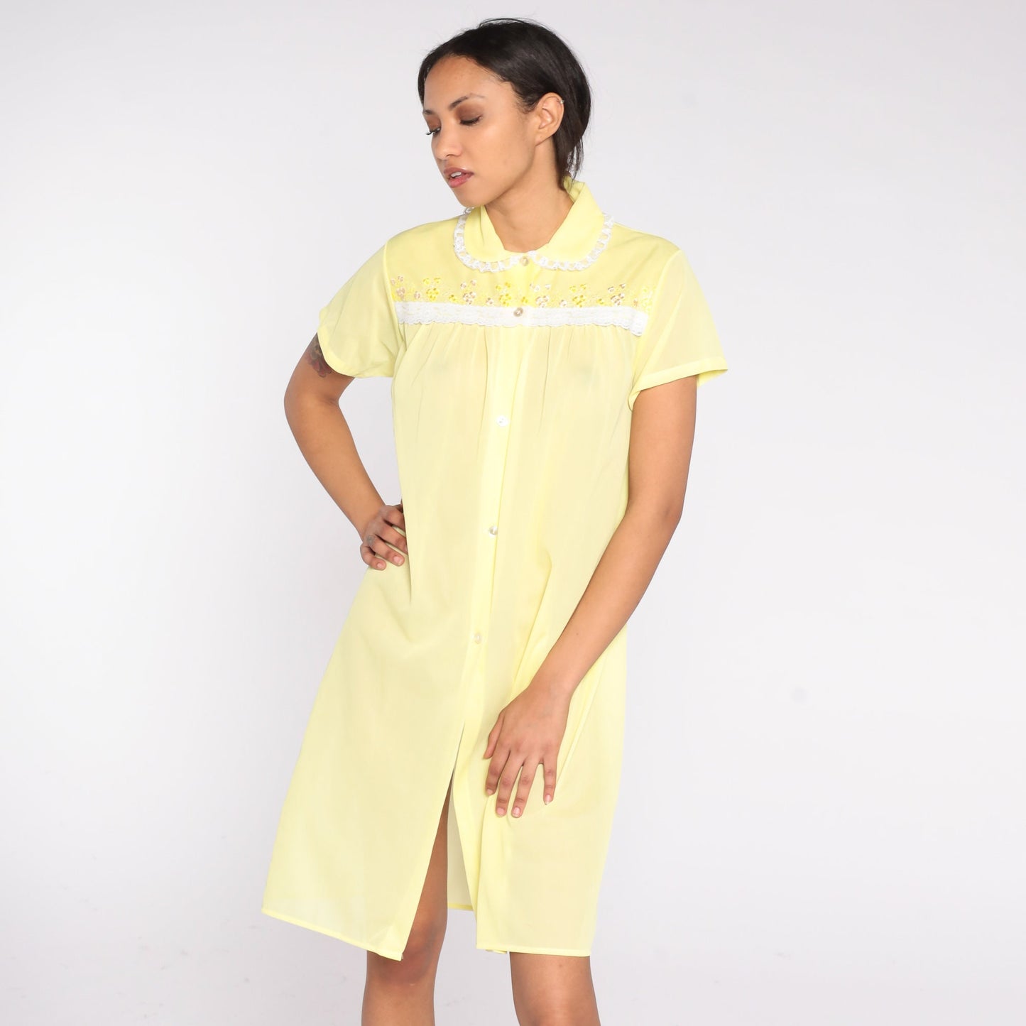 70s Yellow Semi Sheer Lounge Dress Floral Embroidery Mini Short Sleeve Medium
