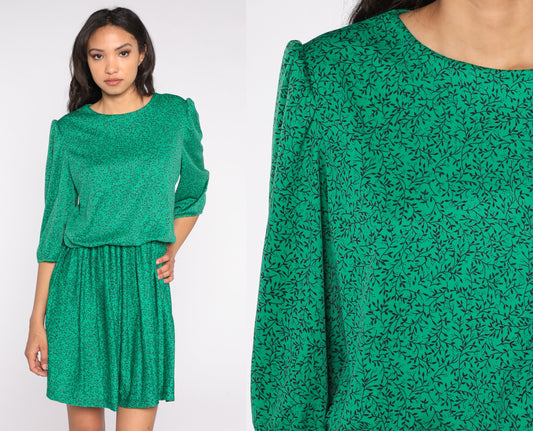 80s Green Vine Print Mini Dress Puff Sleeve High Waist Blouson Medium