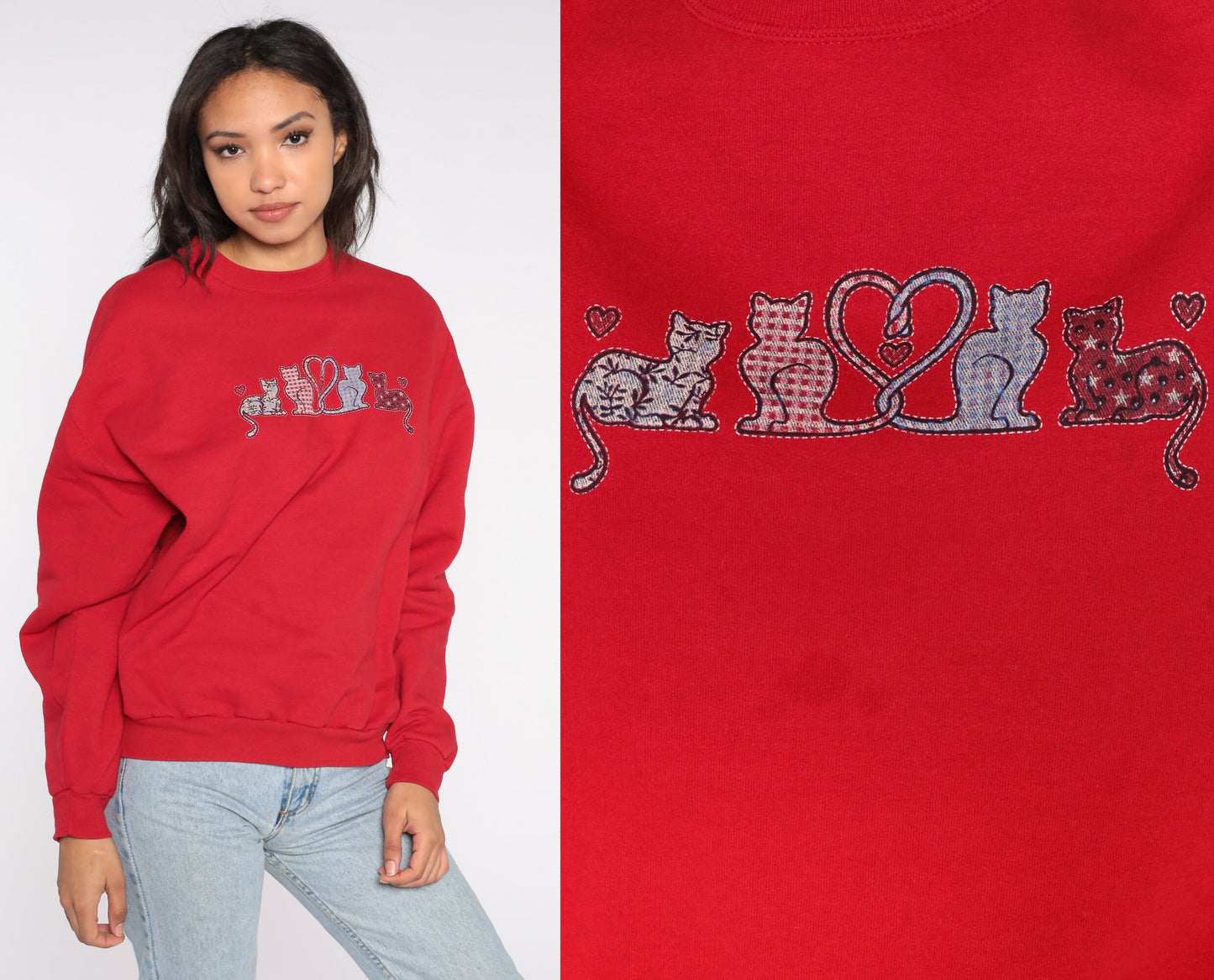 Y2K Cat Graphic Sweatshirt Red Crewneck Pullover Large L