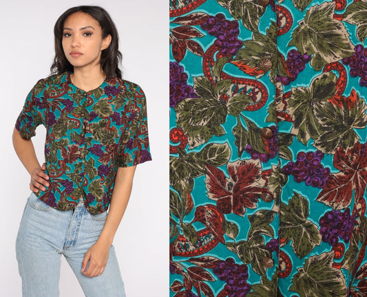 90s Paisley Grape Vine Button-Up Blouse Short Sleeve Purple Small