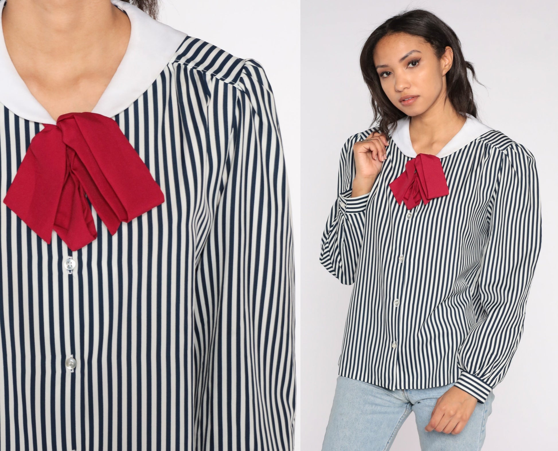 80s Striped Sailor Collar Blouse Ascot Bow Puff Sleeve Button Up Medium