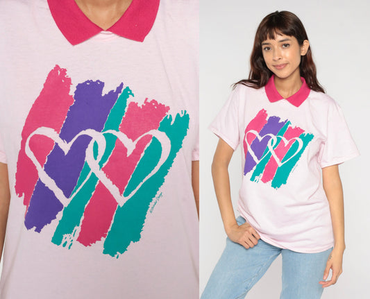 90s Heart Print Collared T-Shirt Baby Pink Graphic Tee Medium