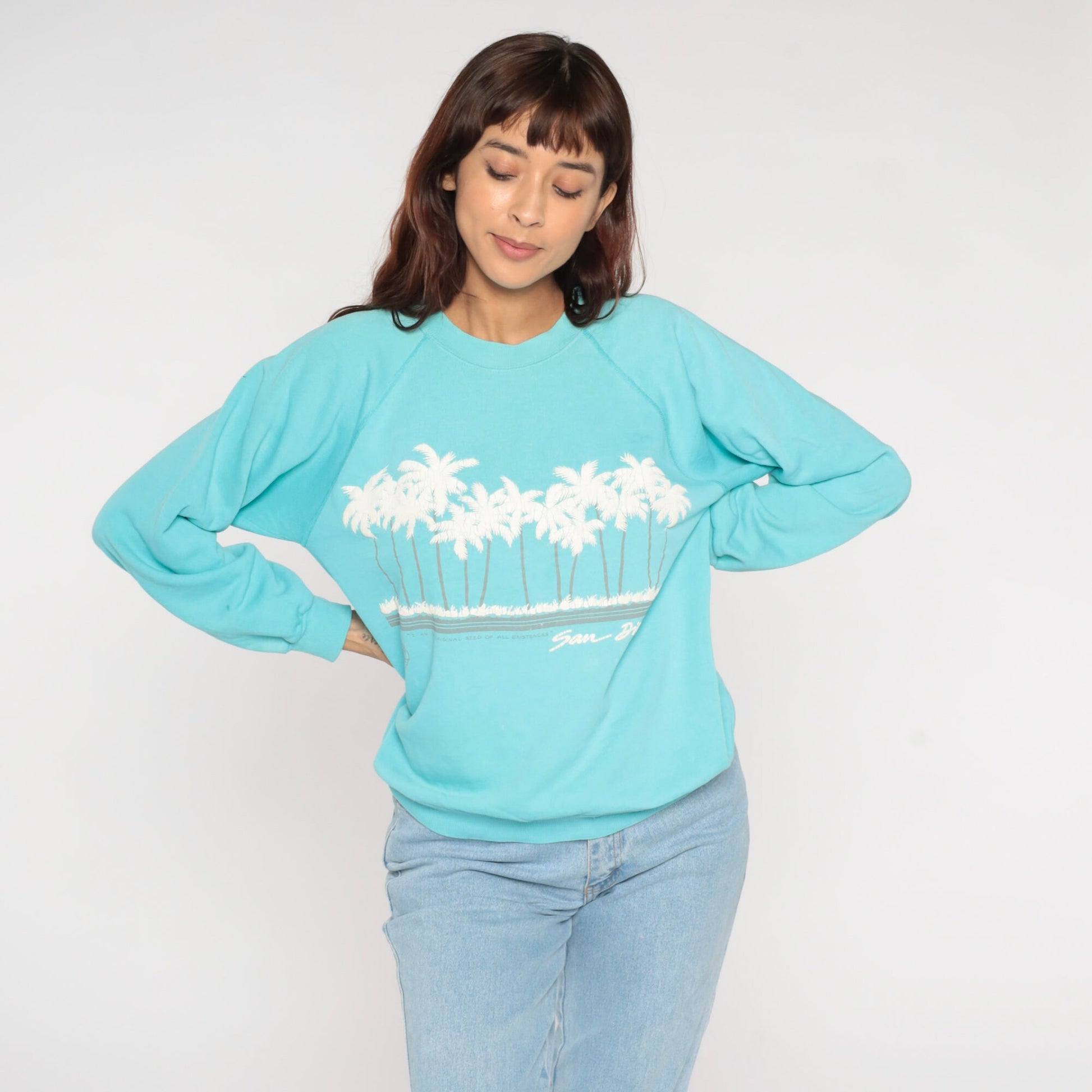 90s San Diego Palm Tree Sweatshirt Turquoise Raglan Crewneck Medium M