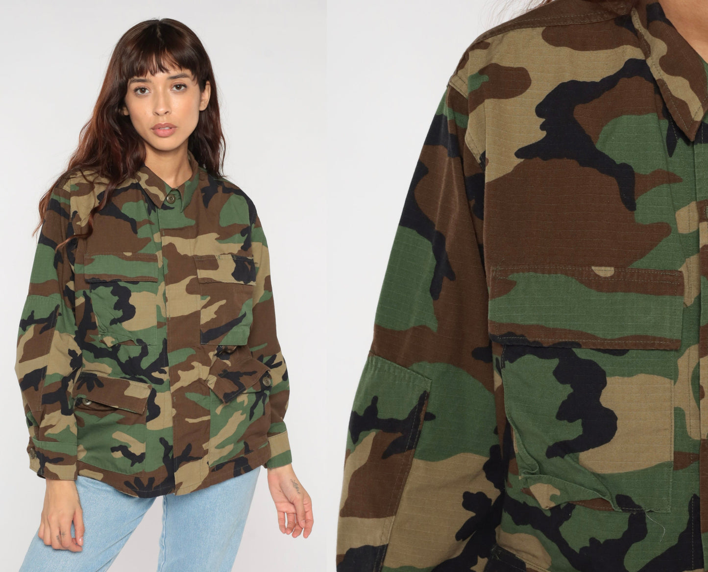 90s US Army Camouflage Button-Up Shirt Green Cargo Pockets Small