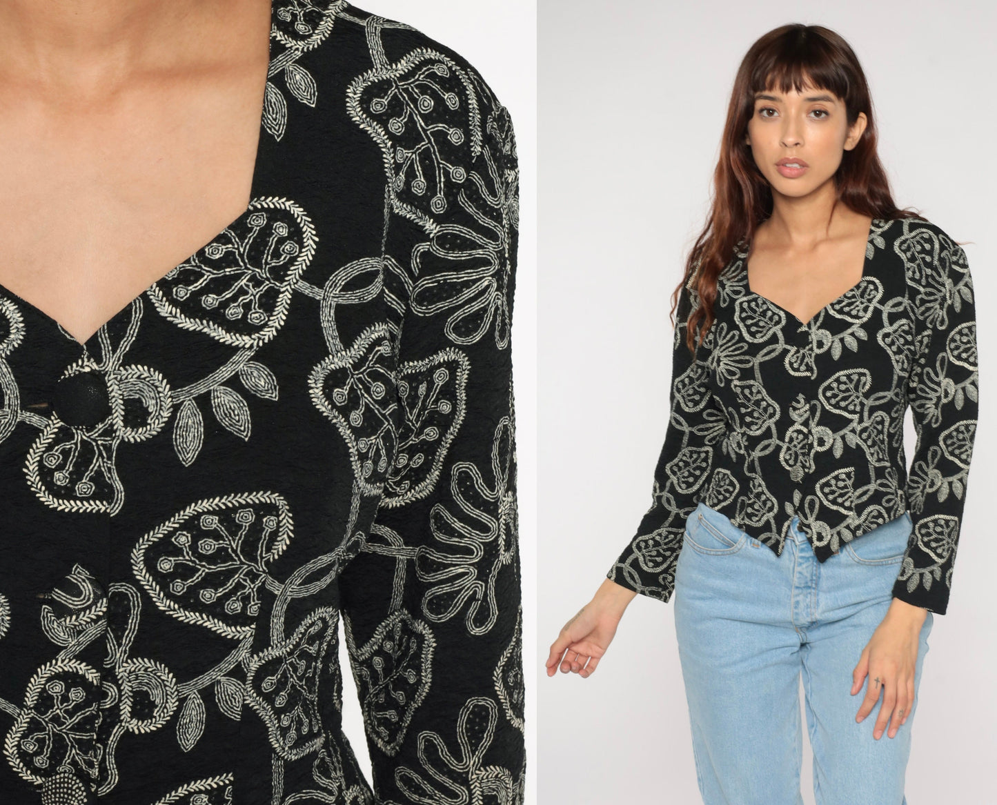 90s Black Leaf Print Button-Up Blouse Long Sleeve Abstract Shirt Medium