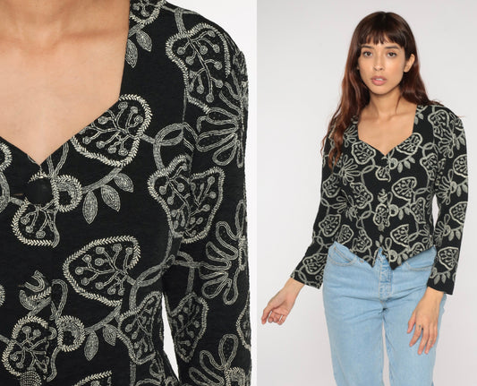 90s Black Leaf Print Button-Up Blouse Long Sleeve Abstract Shirt Medium