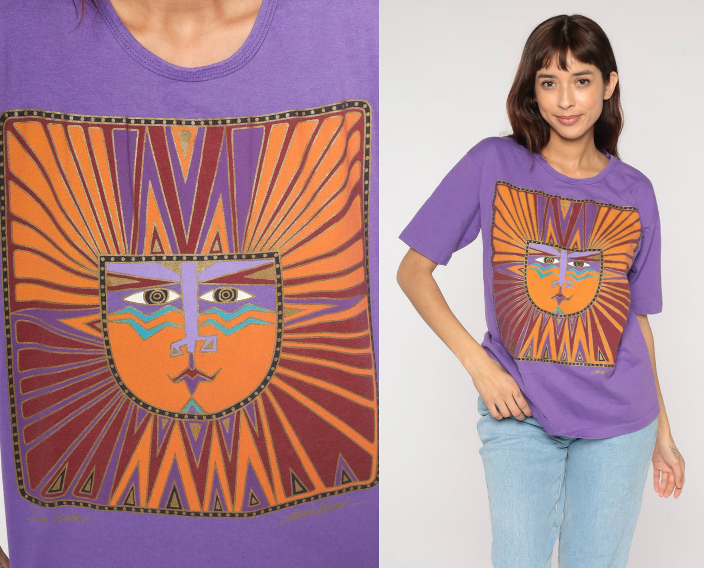 90s Laurel Burch Sun God Graphic T-Shirt Purple Cotton Medium