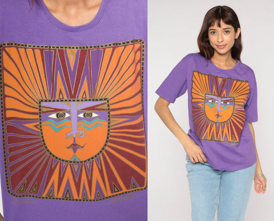 90s Laurel Burch Sun God Graphic T-Shirt Purple Cotton Medium