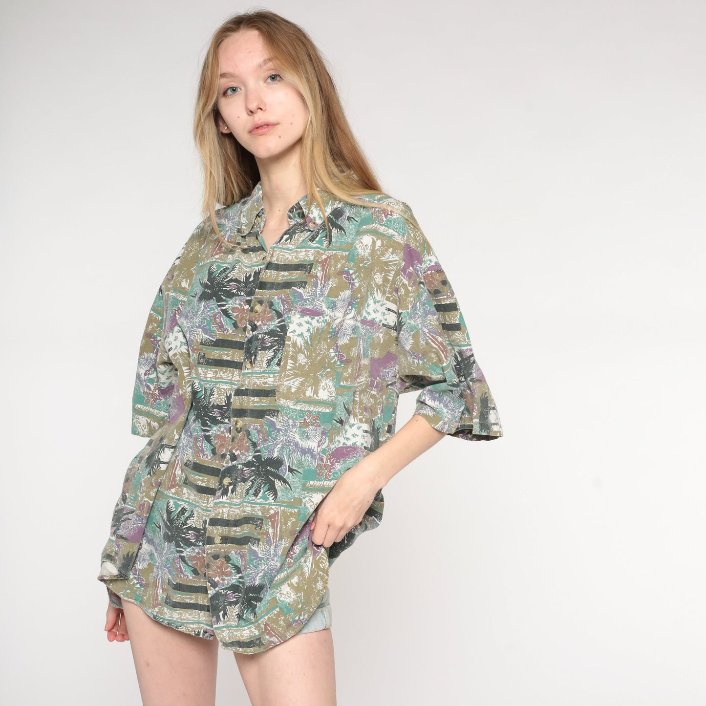 90s Tropical Palm Tree Button Up Shirt Olive Short Sleeve Extra Large