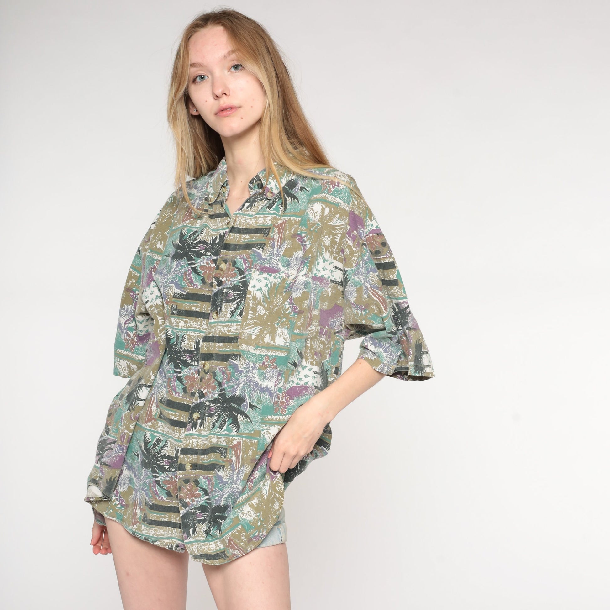 90s Tropical Palm Tree Button Up Shirt Olive Short Sleeve Extra Large