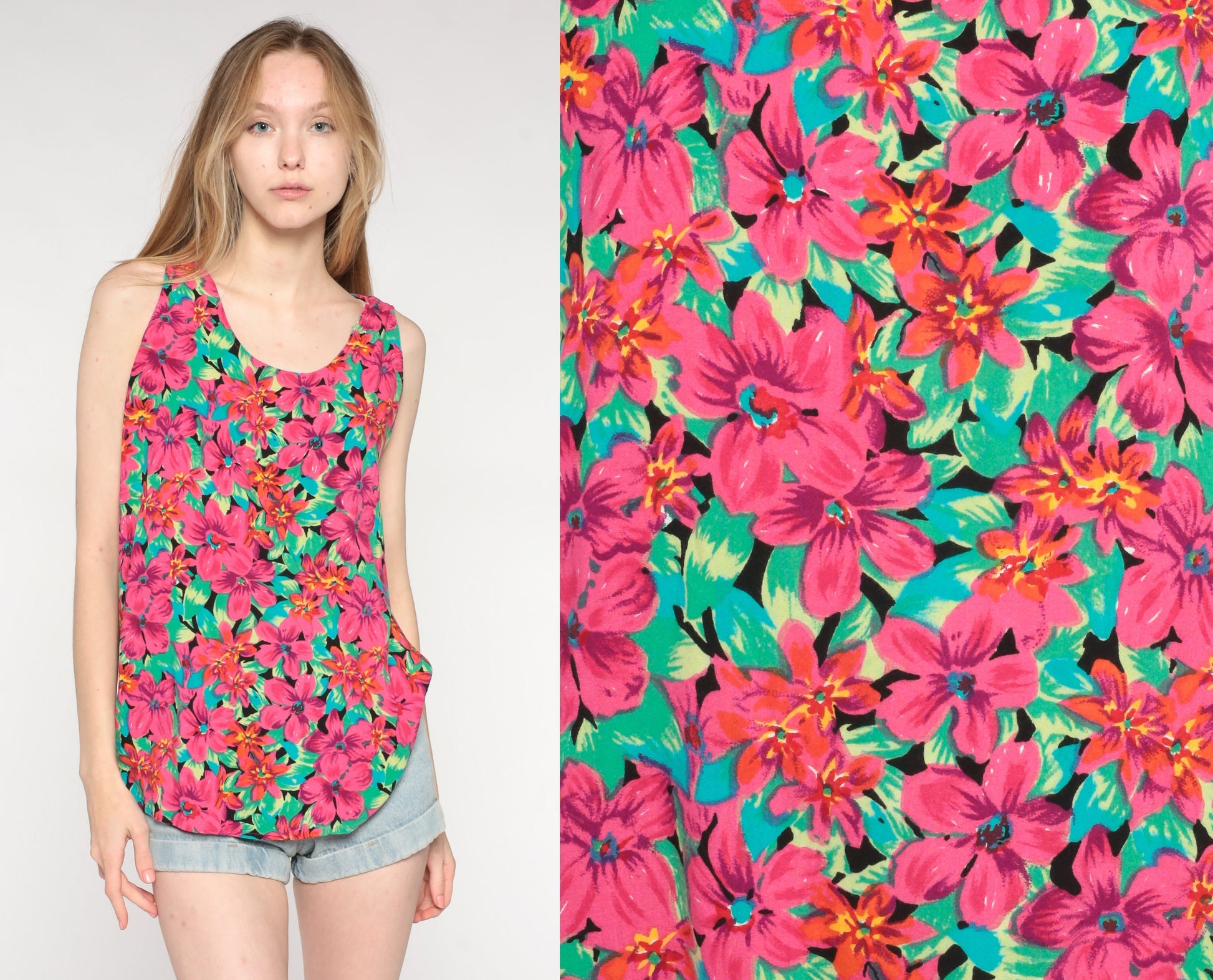 90s Floral Rayon Tank Top Tropical Print Pink Green Large