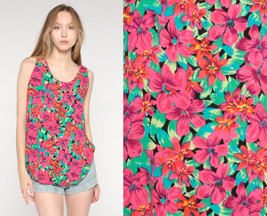 90s Floral Rayon Tank Top Tropical Print Pink Green Large