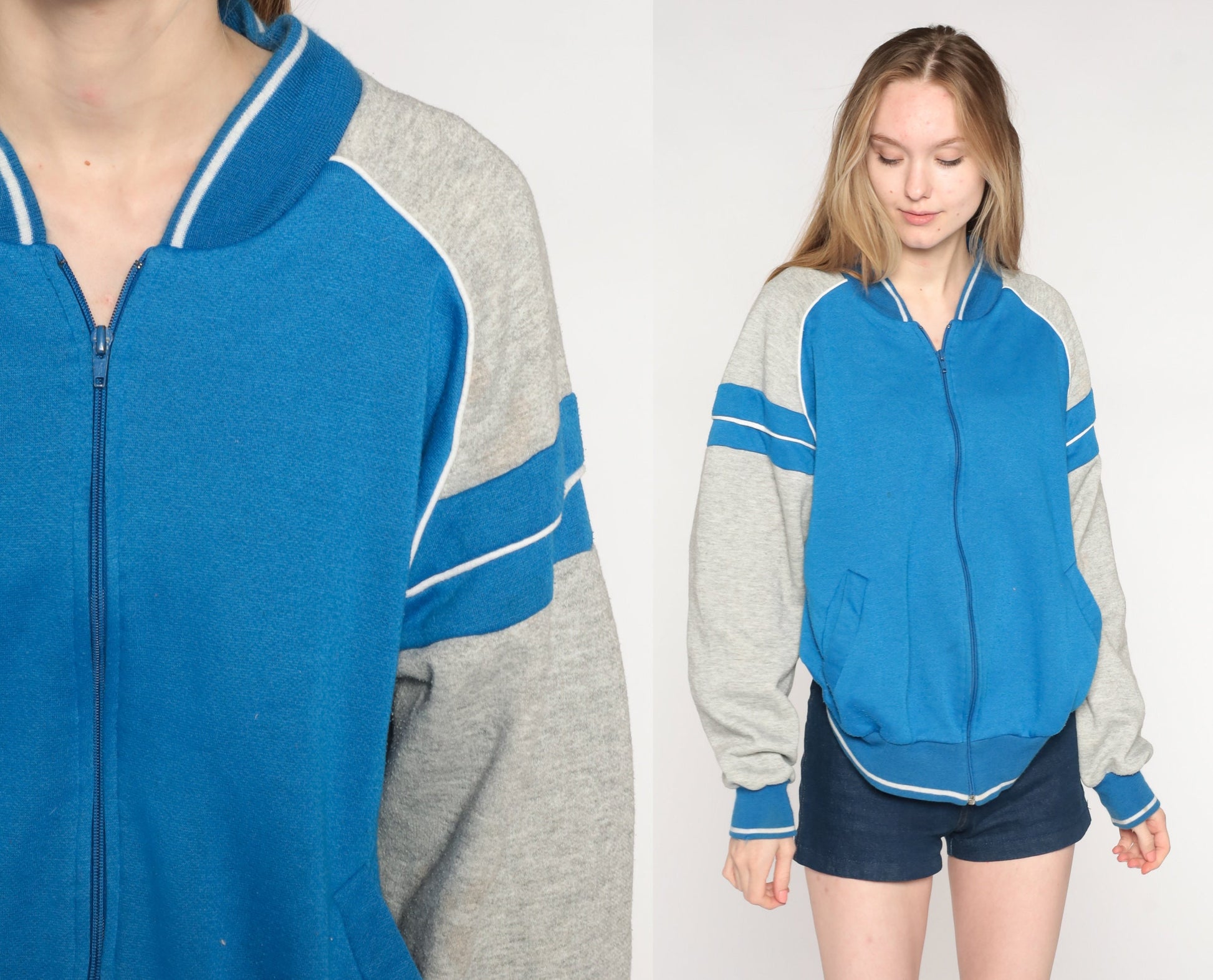 80s Blue Grey Striped Track Jacket Raglan Zip Warmup Medium