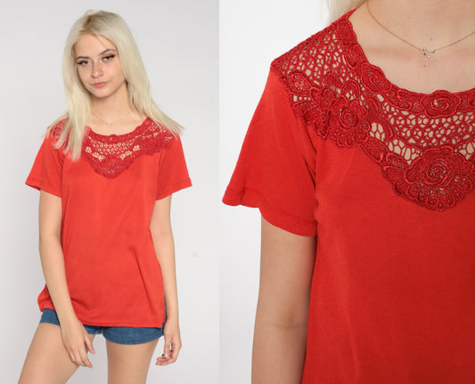 90s Red Crochet Trim Short Sleeve Blouse Cotton Medium M