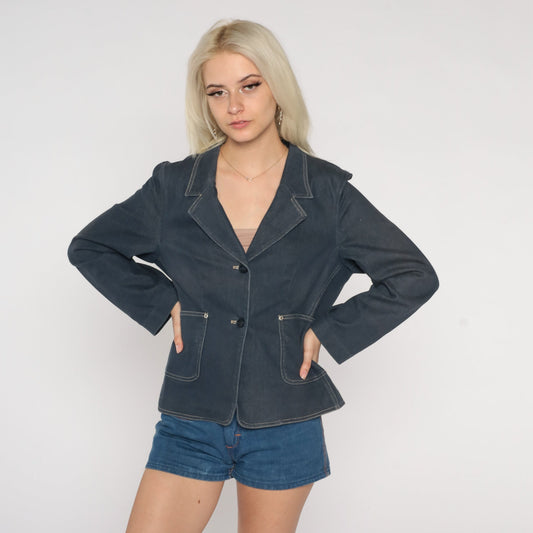 90s Blue Stretch Denim Blazer Jacket Collared Button-Up Large