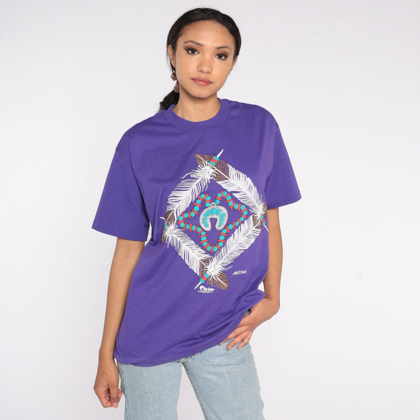 90s Arizona Native American Feather Turquoise Graphic T-Shirt Purple Medium