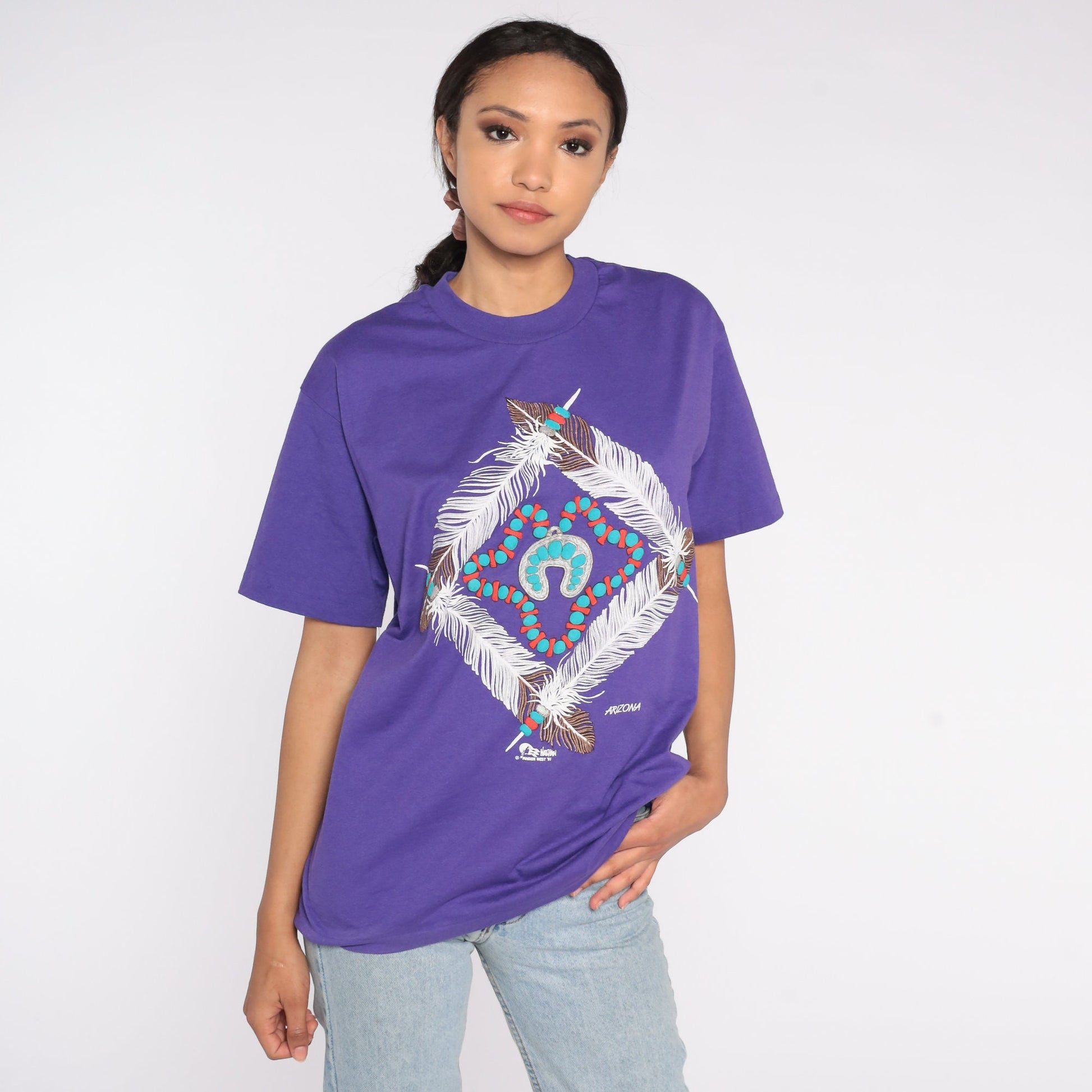 90s Arizona Native American Feather Turquoise Graphic T-Shirt Purple Medium
