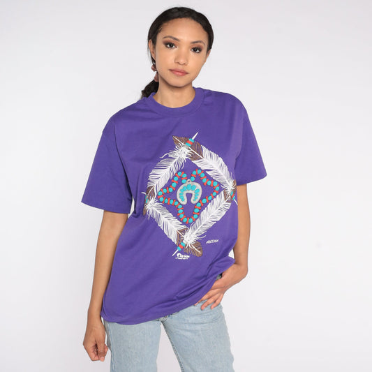 90s Arizona Native American Feather Turquoise Graphic T-Shirt Purple Medium