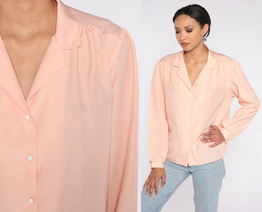 80s Peach Button-Up Blouse Collared Long Sleeve Shirt Extra Large XL