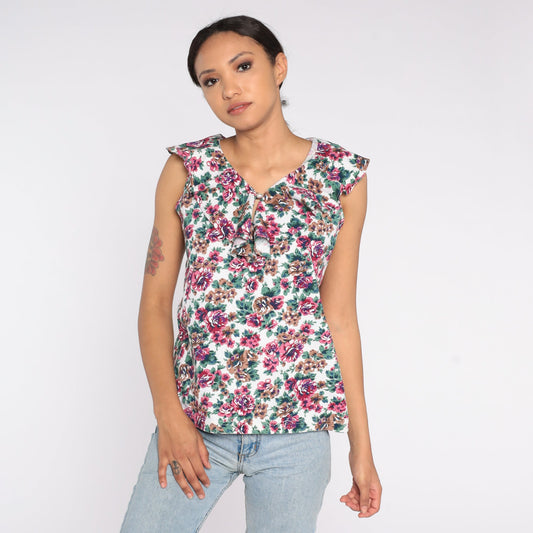 90s Floral Tank Top Ruffled Keyhole Sleeveless Blouse Medium M