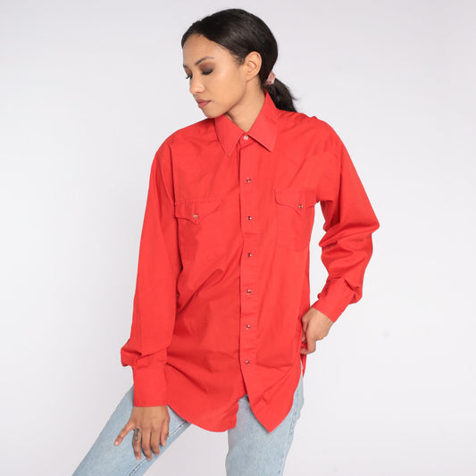 80s Panhandle Slim Western Shirt Red Pearl Snap Long Sleeve Men's Large