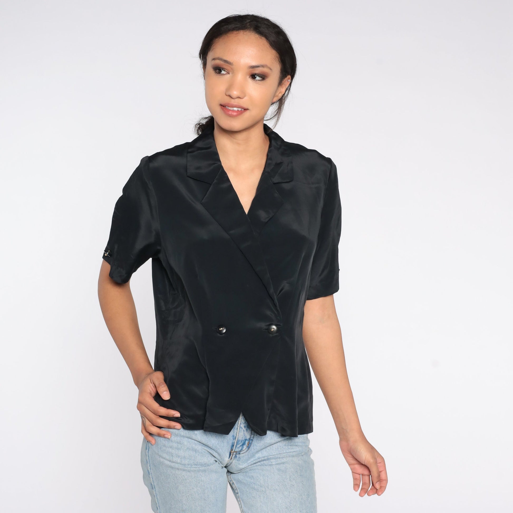 80s Black Wrap Blouse Double Breasted V Neck Short Sleeve Medium