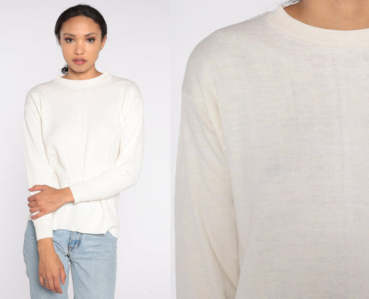 80s Off White Thermal Long Sleeve Shirt Cotton Blend Large L