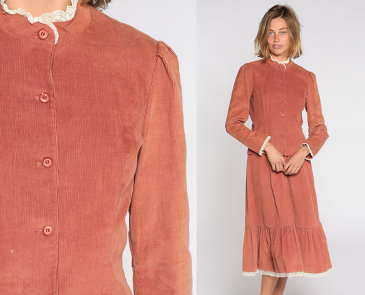 80s Corduroy Two Piece Set Brown Midi Skirt Puff Sleeve Blouse Small