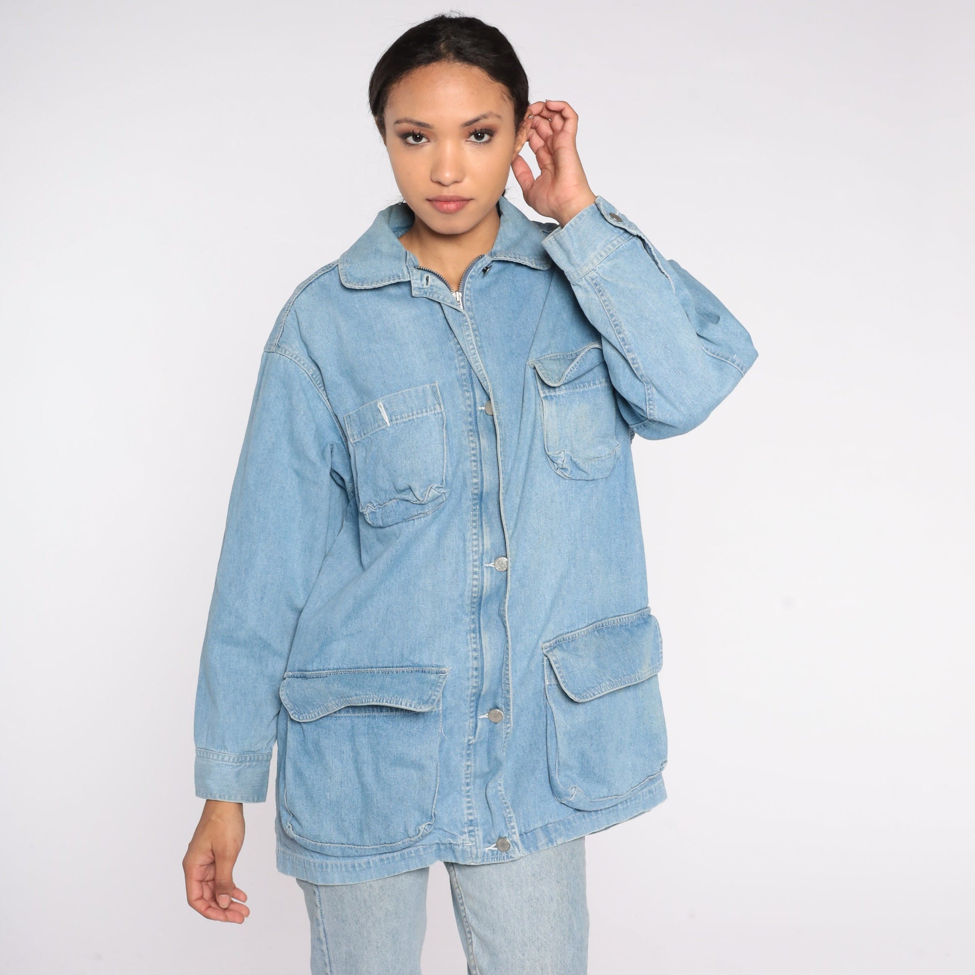 90s Light Wash Denim Cargo Jacket Blue Jean Collared Zip Small