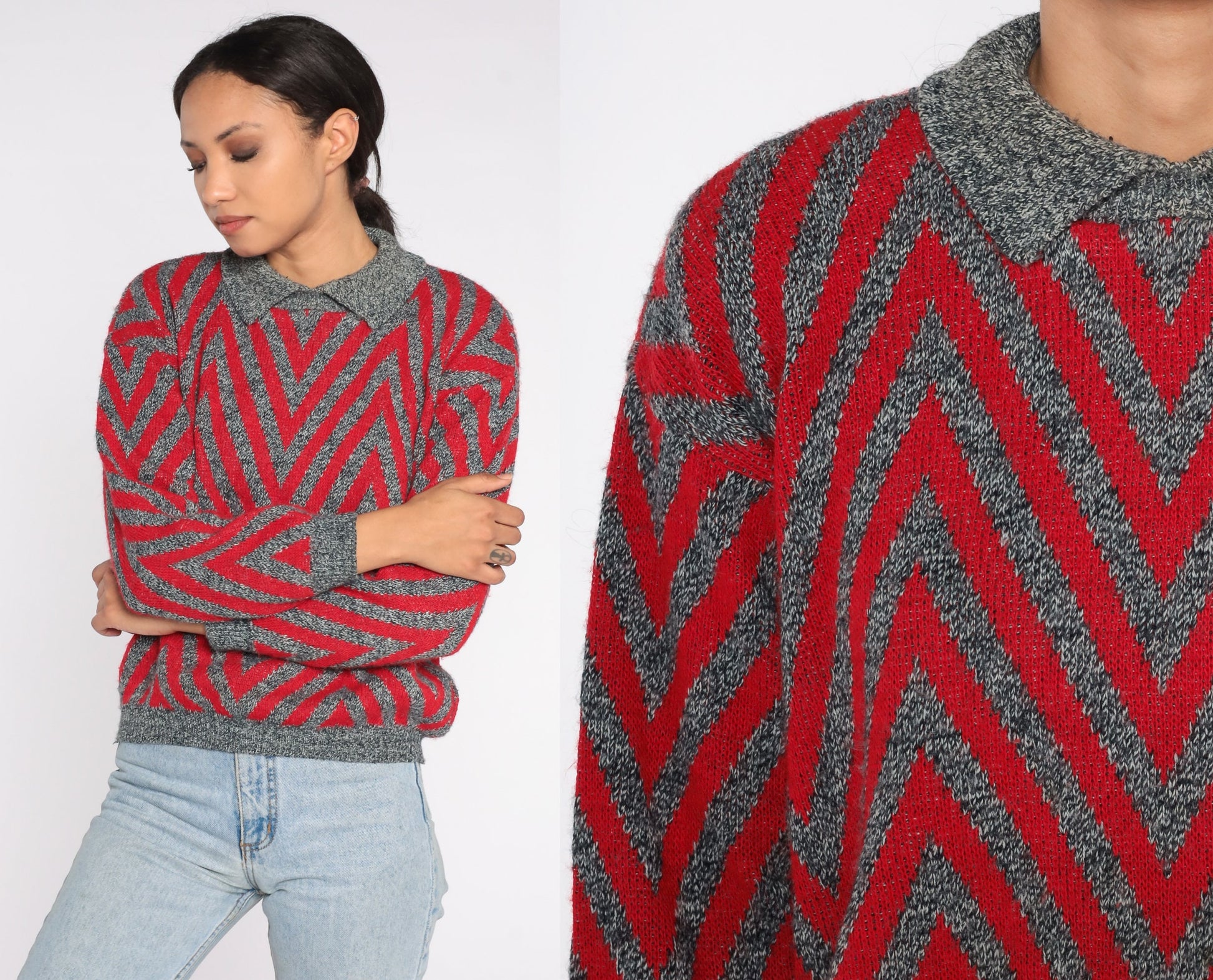 80s Chevron Striped Collared Sweater Red Grey Knit Pullover Small