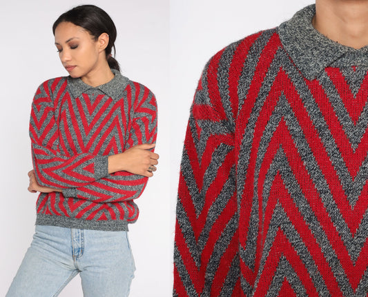 80s Chevron Striped Collared Sweater Red Grey Knit Pullover Small