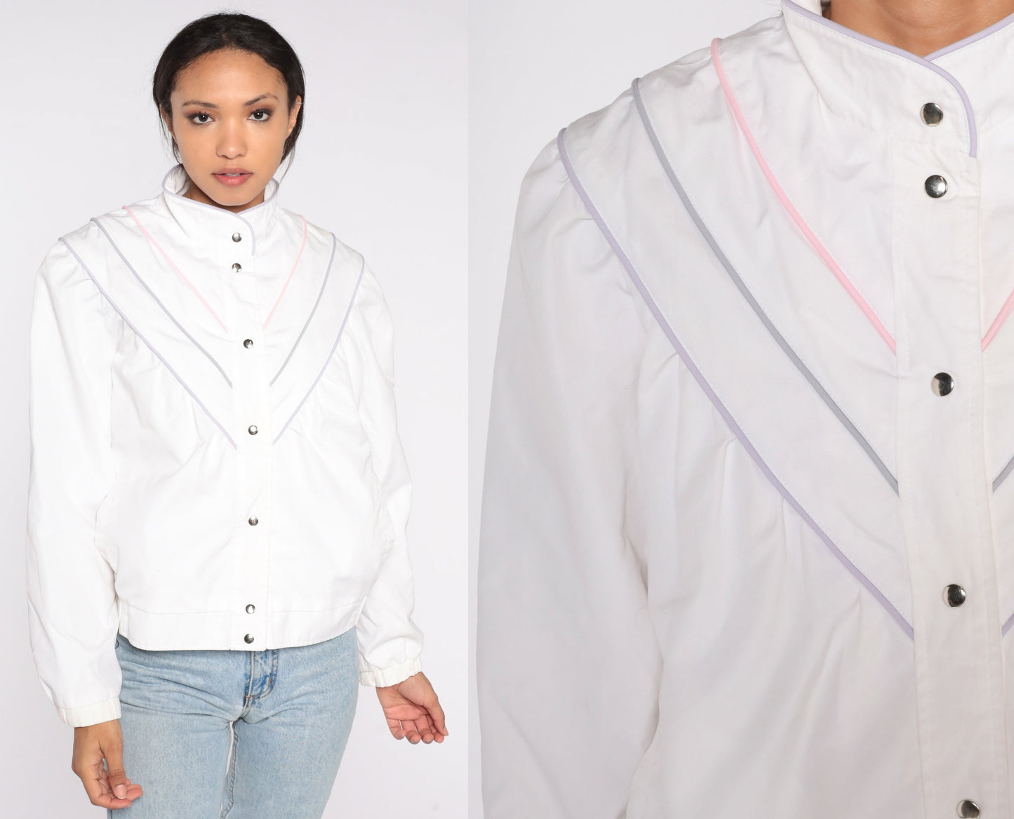 80s White Windbreaker Jacket Pastel Striped Snap-Up Small