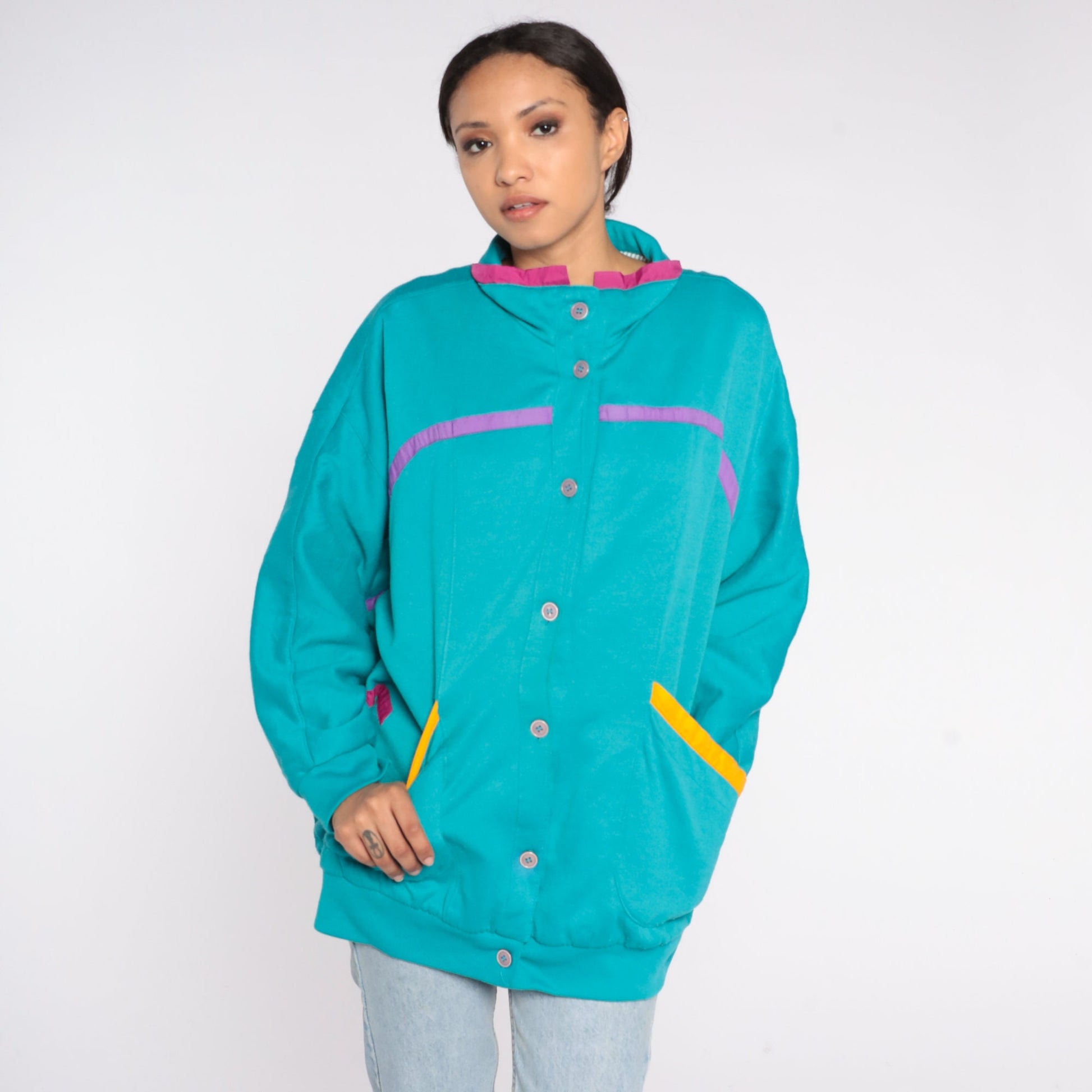 80s Teal Button-Up Sweatshirt Jacket Purple Yellow Pink Trim One Size