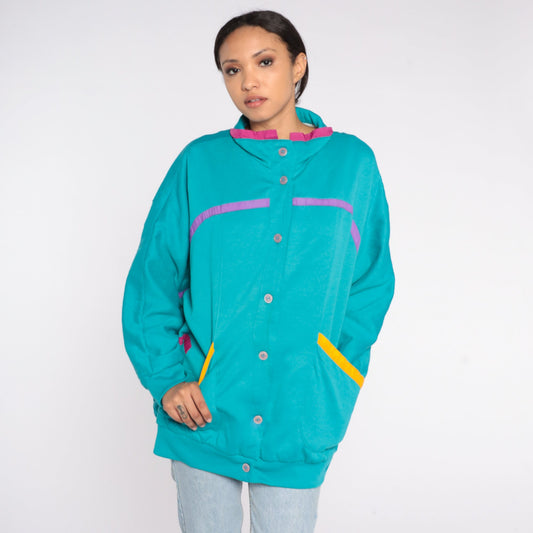 80s Teal Button-Up Sweatshirt Jacket Purple Yellow Pink Trim One Size
