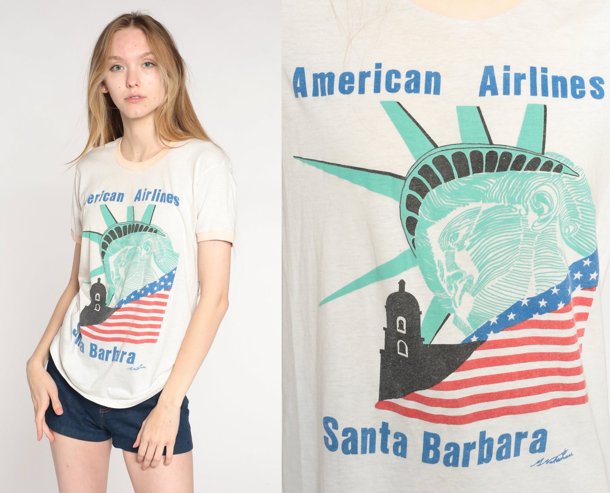 80s American Airlines Santa Barbara Statue of Liberty Graphic T-Shirt Cotton Medium