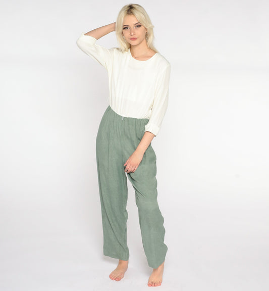 80s White Green Two-Tone Tapered Jumpsuit Acetate Rayon Medium M