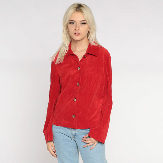 90s Red Button-Up Jacket Collared Lightweight Preppy Medium M