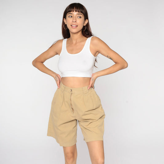 90s Khaki Pleated Bermuda Shorts High Waisted Wide Leg Cotton Small