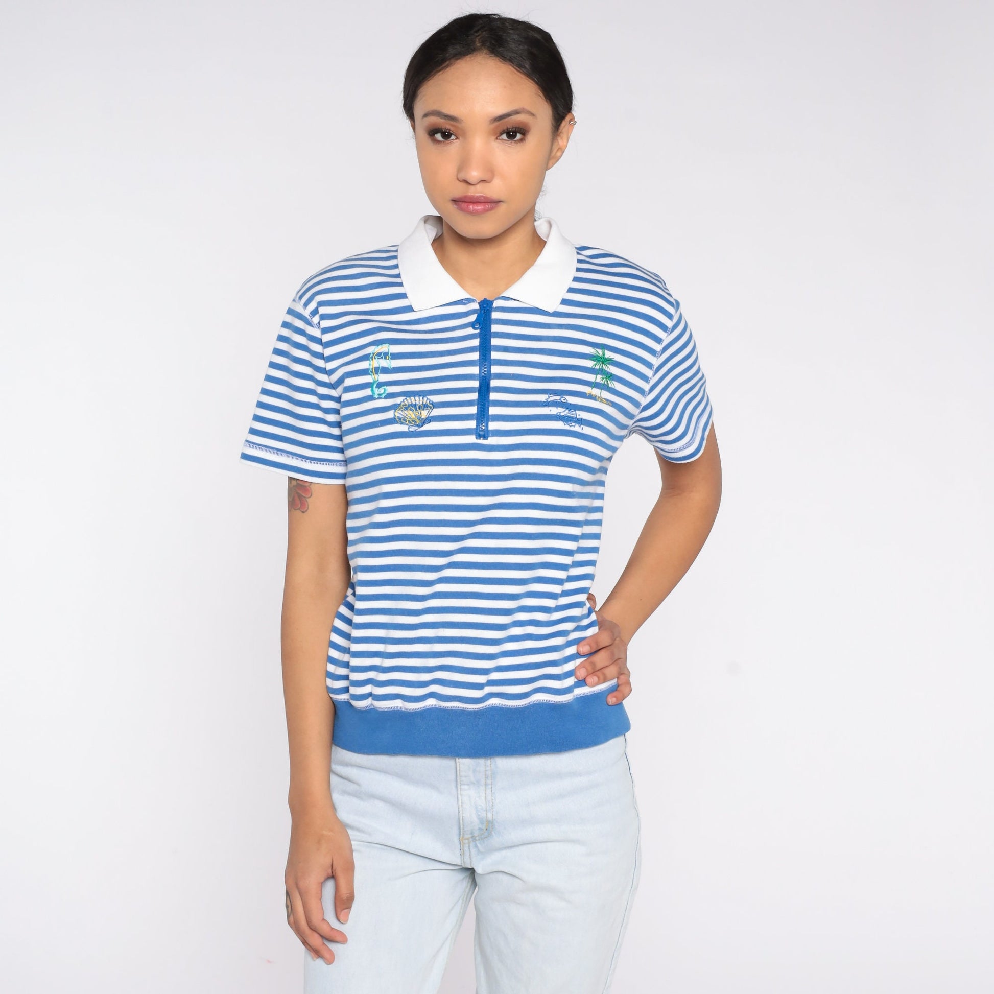 90s Blue White Striped Polo Shirt Embroidered Sea Creatures Palm Tree Small